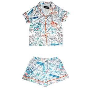 Passport Stamp Satin Pajama Shorts Set XS Travel Print Sheshow NWT